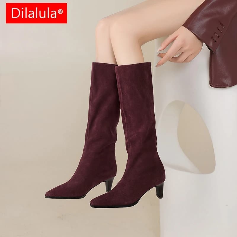 Dilalula 2026 INS High Knee Boots Leather Suede Cow Suede Women's Point Toe High Heels Fashion Long Road Boots Office Women's Elegant Shoes