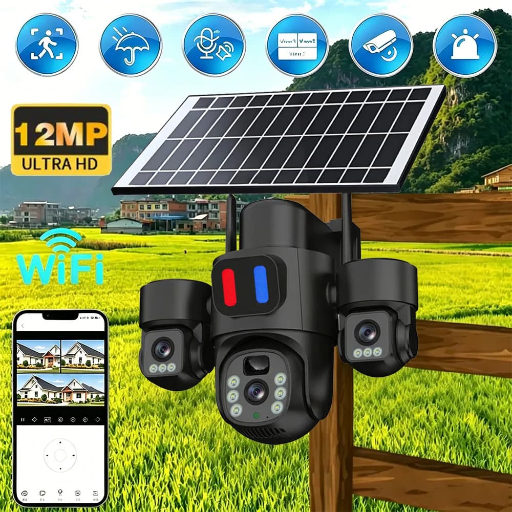 Solar WiFi PTZ Camera Outdoor Triple Lens Three Screen PIR Motion Detection Alert Wireless Home CCTV Surveillance Security Cam