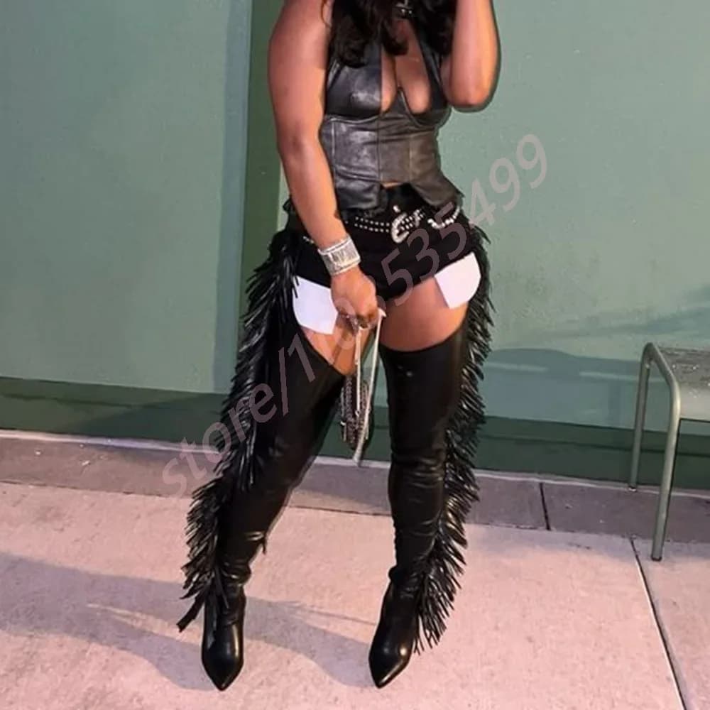 Sexy woman boots with black fringes waist platform winter catwalk street belt buckle high heels women fashion on knee shoes