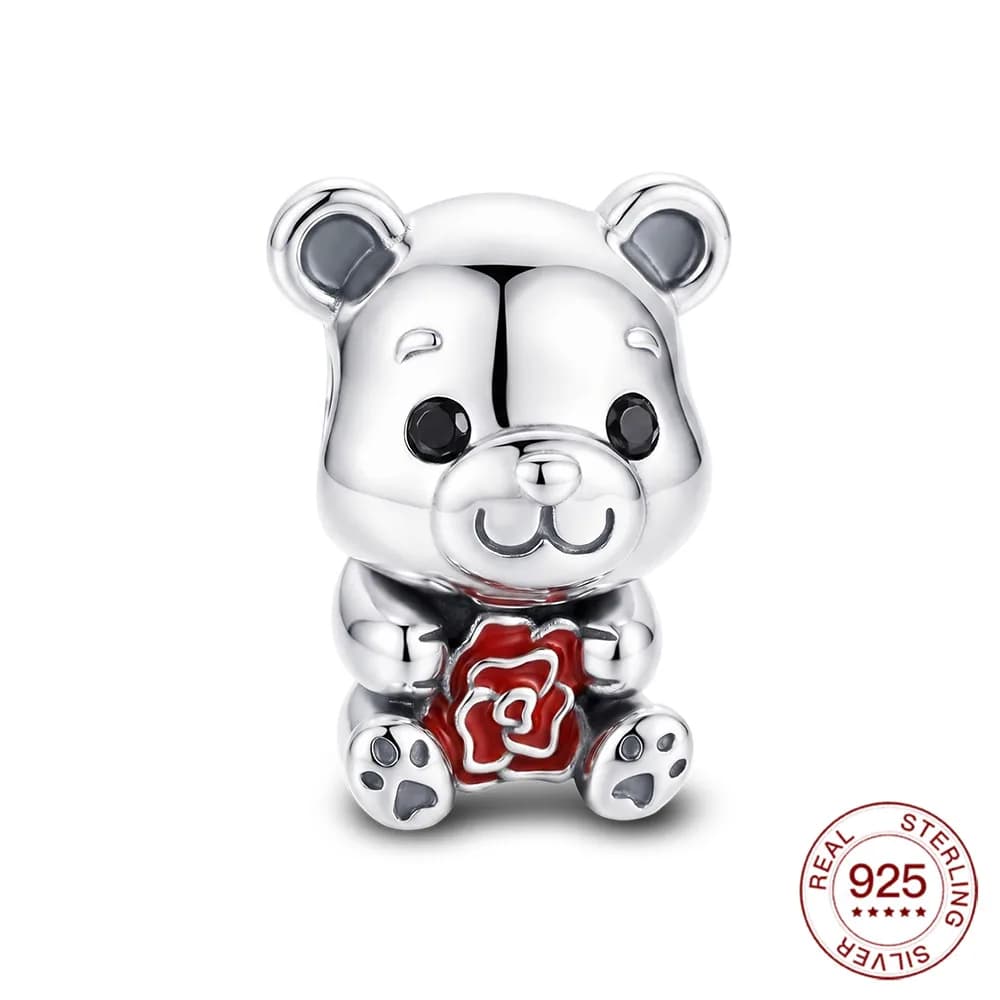 New 925 Sterling Silver Charms Cute Rose Teddy Bear Beads Jewelry Making For Original Bracelet Ladies Jewelry DIY Gifts