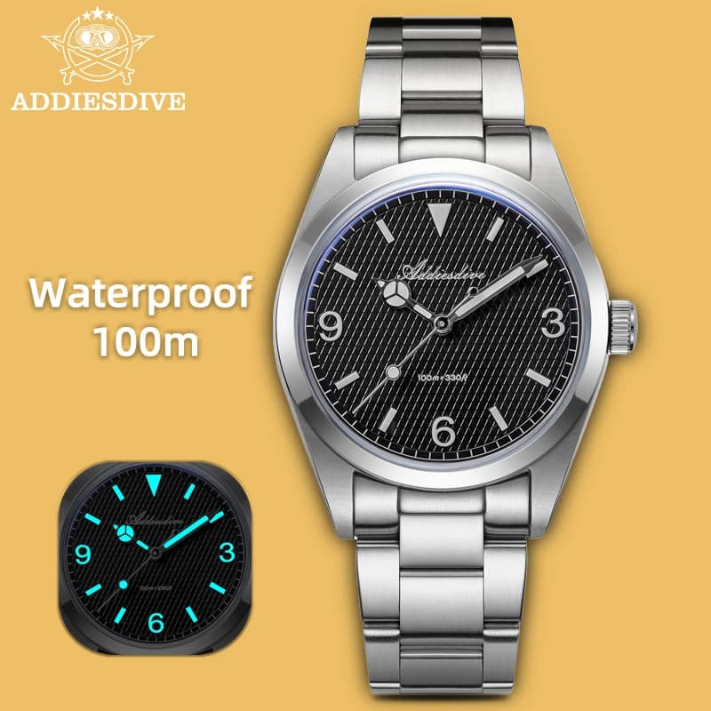ADDIESDIVE New men's analogue watch Bubble Mirror Glass 100m Bright men's quartz watches with AD2096 stainless steel bracelet
