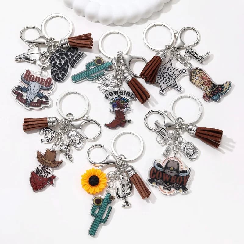 Classico girasole testa di toro stivali di cactus portachiavi in acrilico portachiavi cappello da cowboy fresco per uomo ragazzi buon regalo set di gioielli fatti a mano