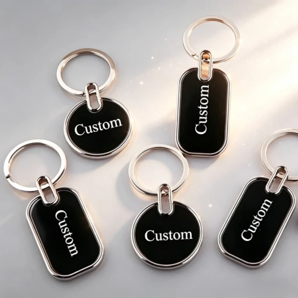 Portachiavi in Metallo Personalizzato con Logo Laser, Anello Portachiavi Inciso, Regalo Promozionale con Finitura a Specchio Nero