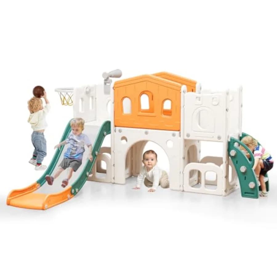 Set Scivolo 8 in 1 per Bambini con Canestro da Basket, Telescopio e Arrampicata, Parco Giochi per Interni ed Esterni per Bambini di Tutte le Età