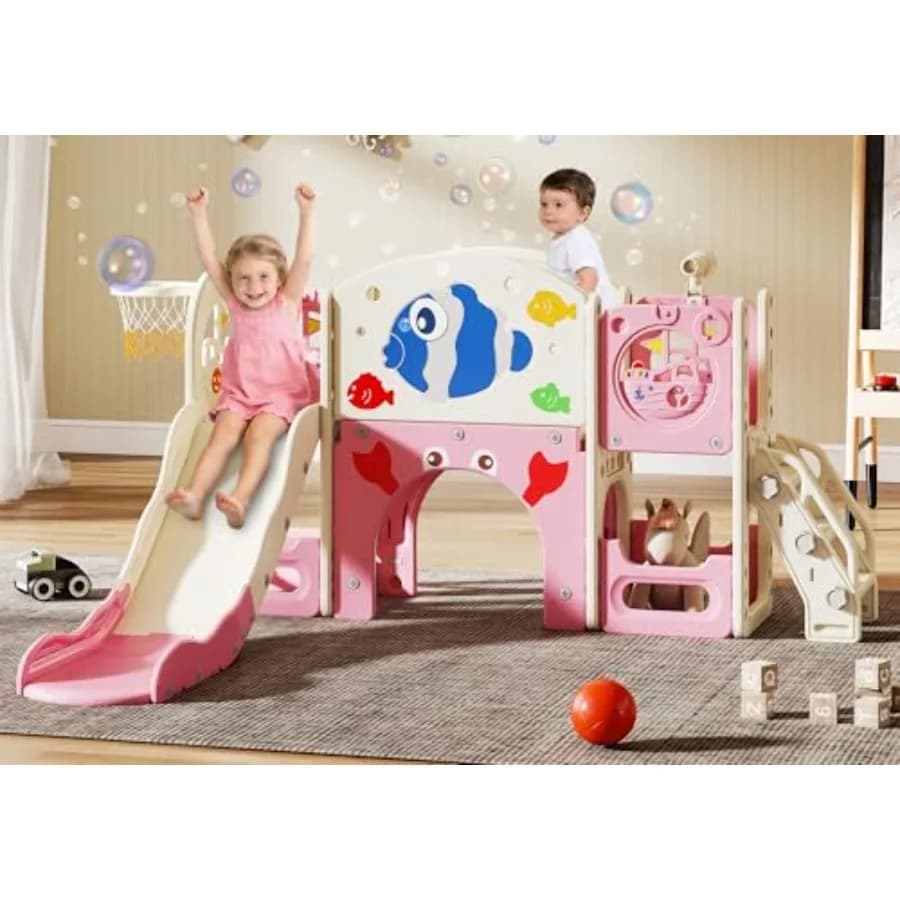 Set da gioco 8-in-1 con scivolo, canestro da basket, pallone, scala per arrampicarsi, telescopio, scivolo e arrampicata per bambini con contenitore, Playgro per bambini