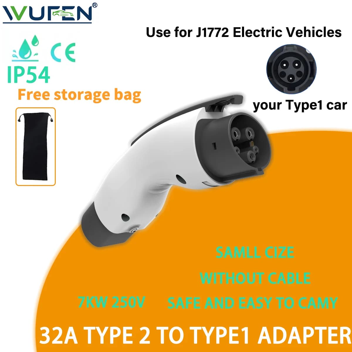 WUFEN Adattatore per caricabatterie EV da Type2 a Type1 32A 7KW MAX compatibile con caricabatterie di tipo 2 per auto elettrica con presa di ricarica di tipo 1