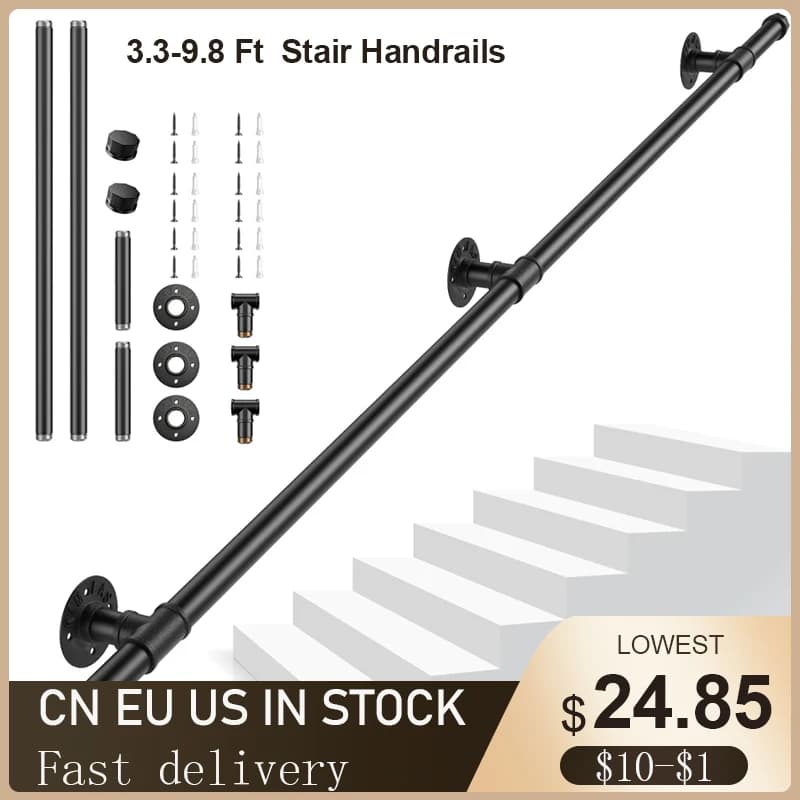 Corrimano per scale con tubo di sicurezza da 3.3-9.8 piedi corrimano per scale in acciaio al carbonio per scale per montaggio a parete interni ed esterni nero antiscivolo