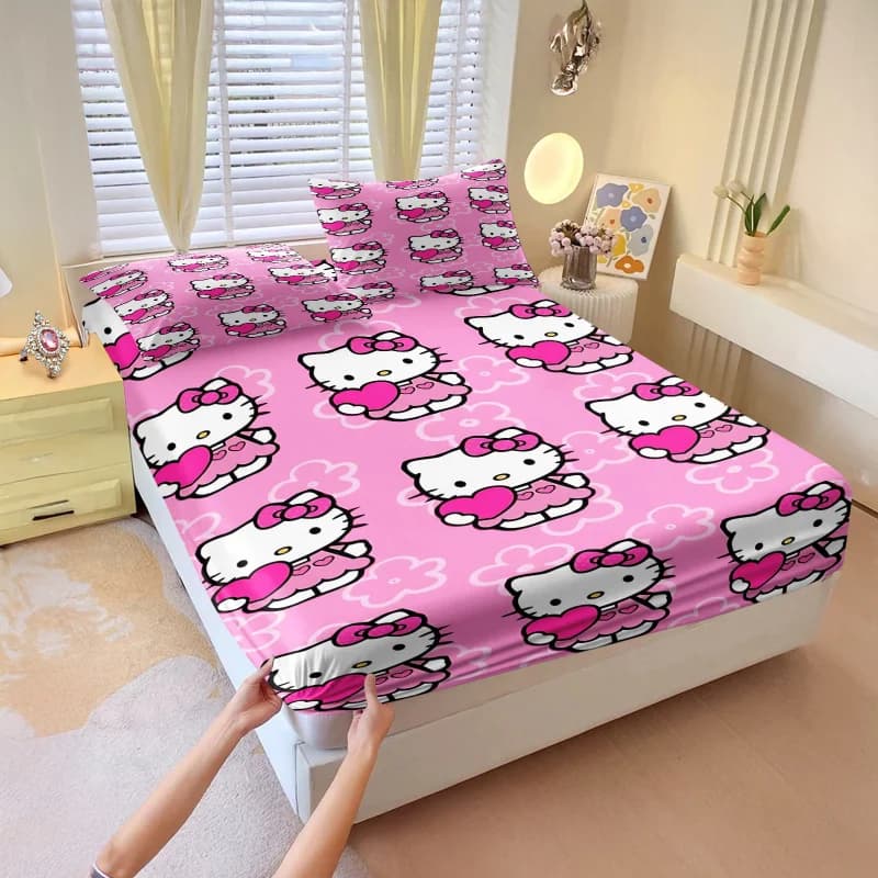 Set di 3 lenzuola con angoli Hello Kitty Kawaii con 2 federe, lenzuolo rosa morbido con angoli profondi per la decorazione della camera da letto delle ragazze