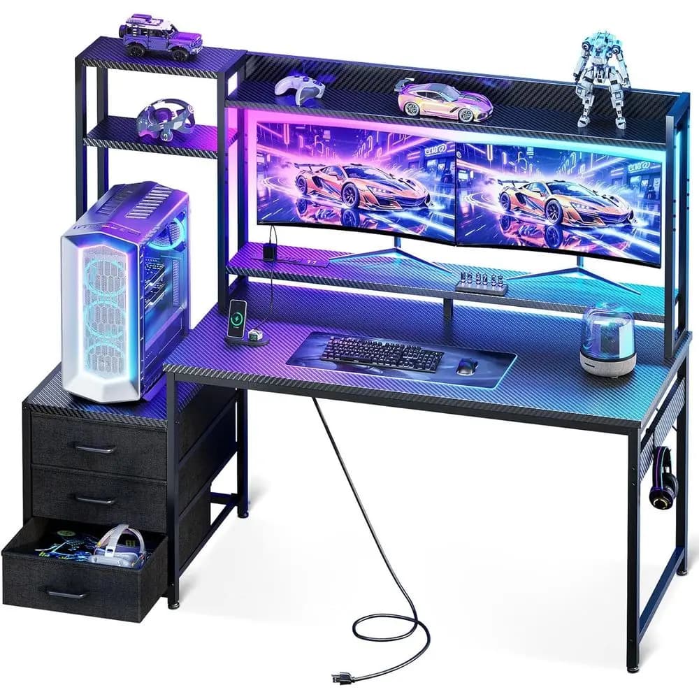 Gaming 55 desk with Soppalco, Fabric boxes, USB ports, LED lights, Reversible Monitor Support for PC Gaming or Home Carbon Office