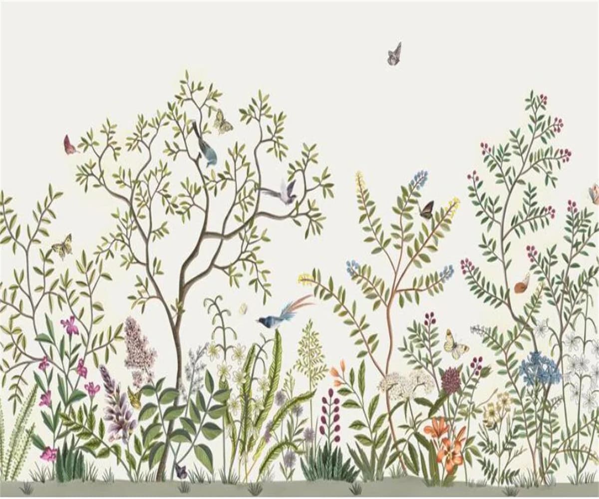 Carta da Parati Personalizzabile con Motivi Retrò di Piante Tropicali, Foglie, Fiori e Uccelli, Decorazione Murale per Casa