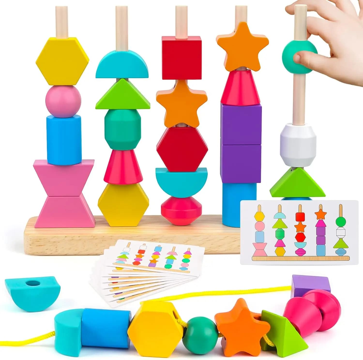 Set di Giocattoli Educativi con Perline in Legno, Blocchi Impilabili e Perline da Infilare per Bambini 2-5 Anni, Giochi STEM per l'Apprendimento Prescolare