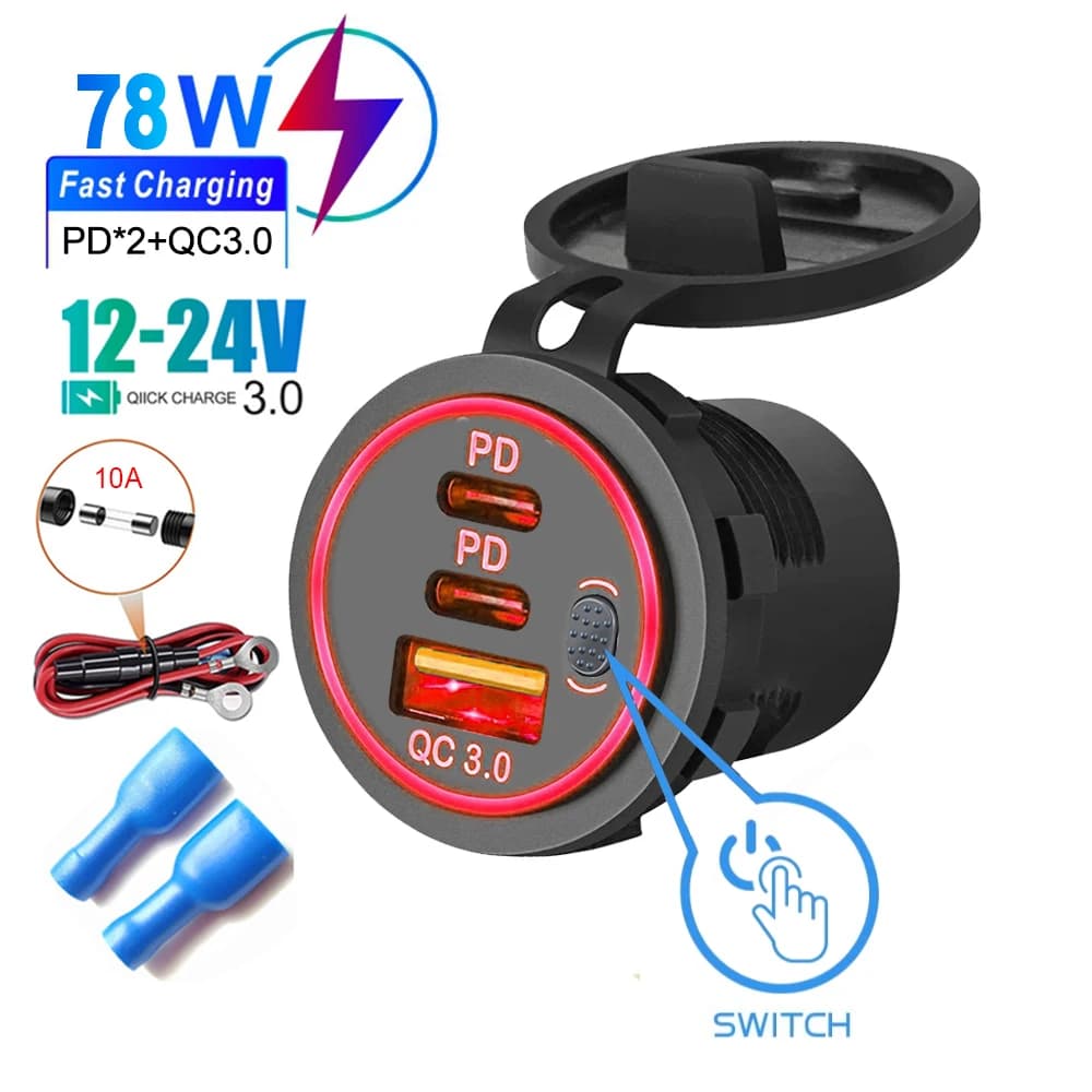 3 Dual PD & QC 3.0 dual charging ports outlet for car charger with 112W opening for 12V 24V ATV marine truck boat motorcycle