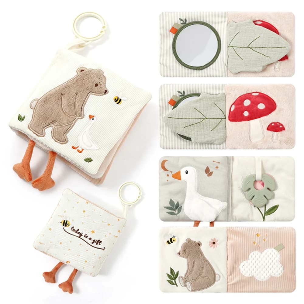 Libro in Stoffa per Neonati a Forma di Orso, Libro Sensoriale Sonoro con Specchio, Massaggiagengive e Anello per Appendere, Giocattolo Educativo Precoce, Regalo
