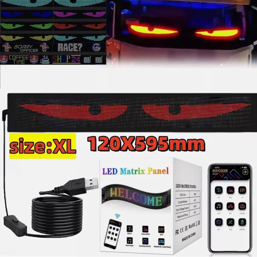 LED camion auto dinamico diavolo occhio luce bordo parabrezza rettangolo display flessibile luce fai da te programmabile controllo app Bluetooth