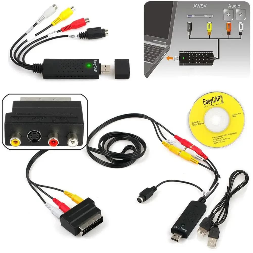 USB 2.0 Easy Cap Scheda di acquisizione video S-Video 3RCA AV Cavo adattatore per dispositivo di acquisizione video USB per TV DVD VHS DVR al monitor del laptop