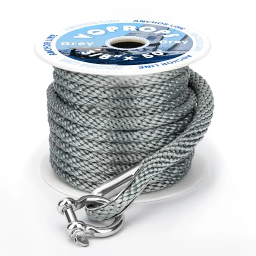 Anchor Line 3/8 inch 50ft. Grey Double Braided Nylon MFP Boat Anchor Rope with Stainless Steel Thimble and Shackle Anchor Line