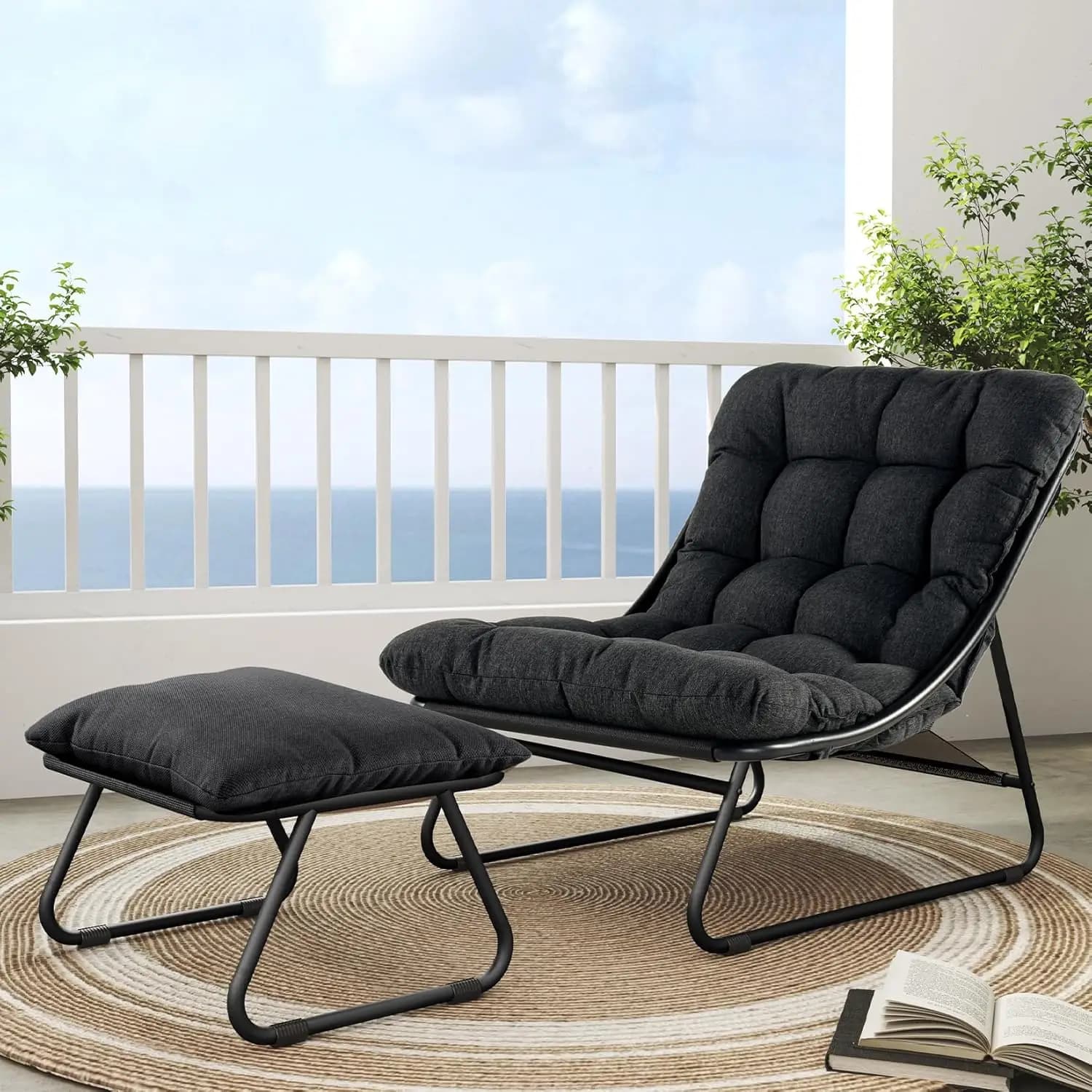 Outdoor armchair with footrest, comfortable reclining chair with upholstered cushion and footrest, modern for patio, customizable