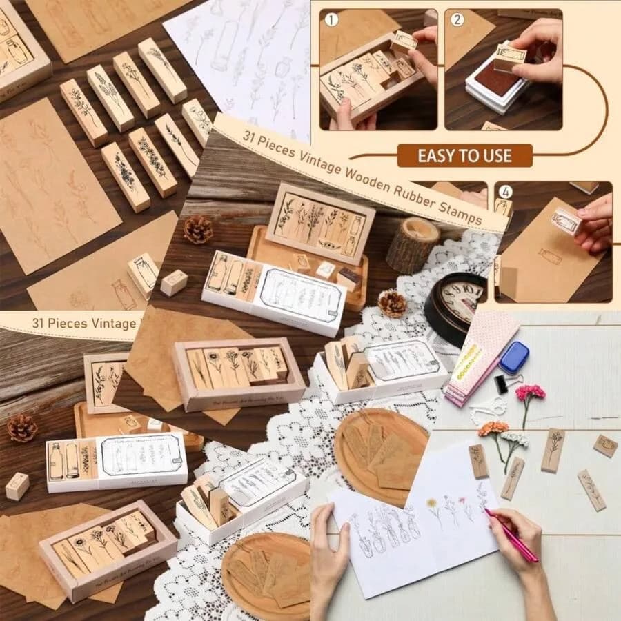 31 Pcs Flower Wooden Rubber Stamps For Crafting Vintage Plant Decorative Cute Wood Mounted Stamps Set For DIY Scrapbook Journal