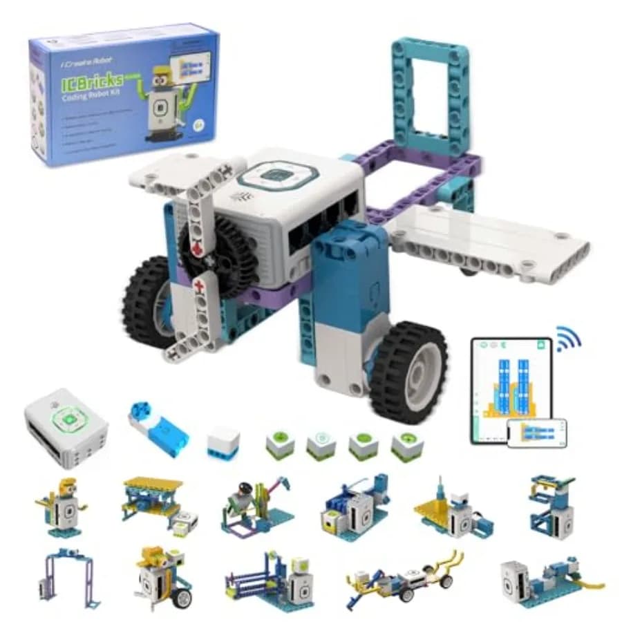 Kit robot STEM educativo per bambini dai 6 anni in su, 240+ pezzi in plastica ABS blu-grigio, programmabile tramite app con sensori motore hub e telecomando.