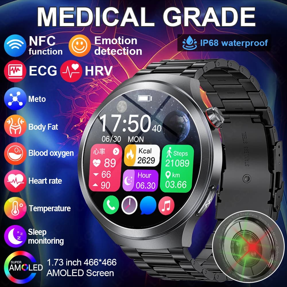 LIGE 2026 ECG Smart Watch for Men 1.73 "AMOLED Screen Emotional detection Monitoring of fatigue NFC Watches Smartwatch access control
