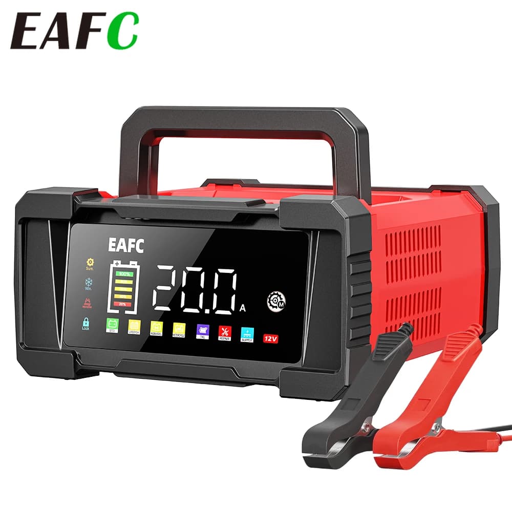 12V 20A 24V 10A large screen EAFC charger with pulse repair and 7 phase automatic charging for cars, motorcycles, trucks and lead-acid batteries