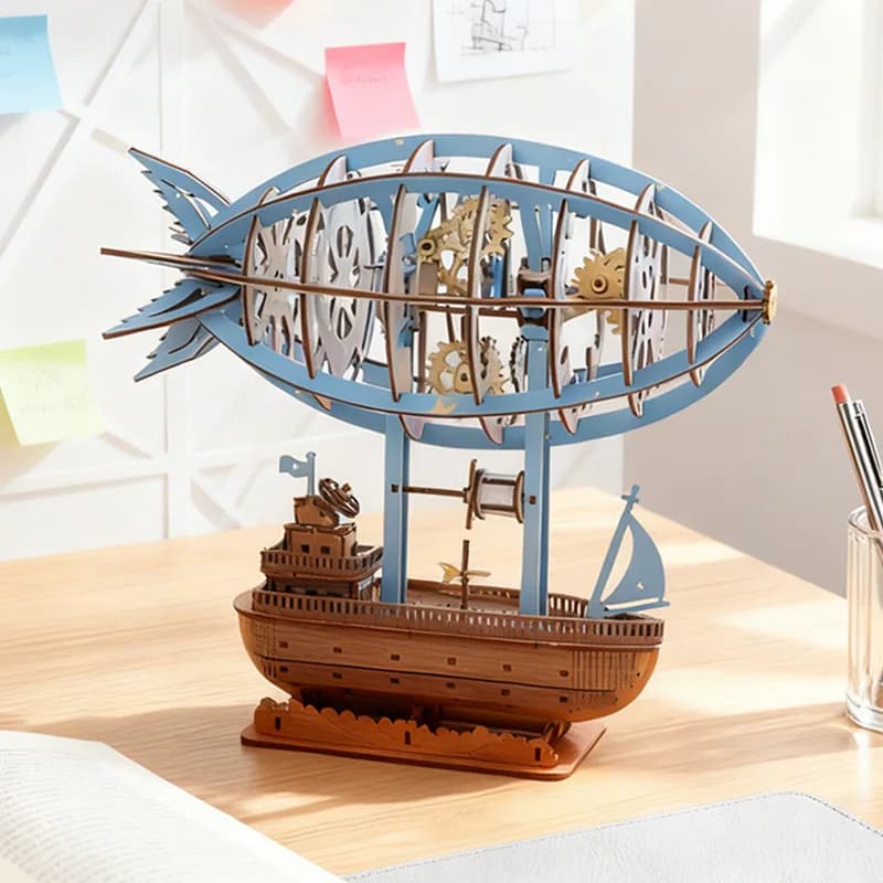 Puzzle 3D in Legno Fai-da-Te, Modello di Dirigibile Steampunk, Kit di Costruzione Meccanica Colorato, Giocattolo Educativo Montessori