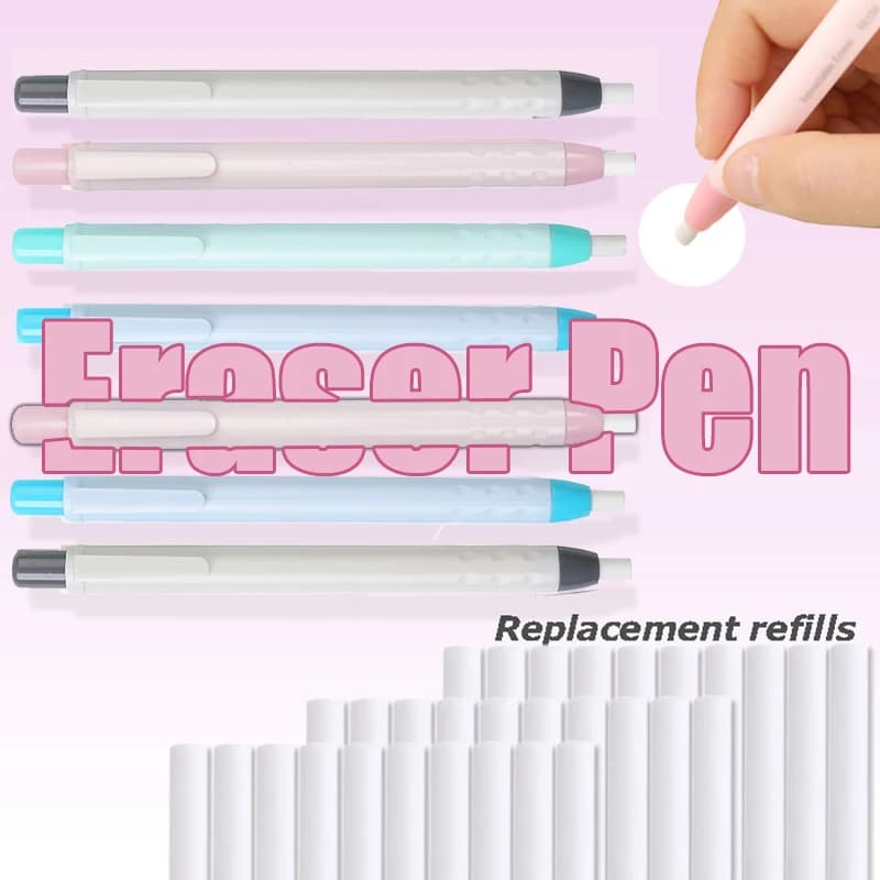 6Pcs/Set Creative Pen Shape Press Type Pencil Eraser with Replaceable Core Painting Erase Supplies School Students Stationery