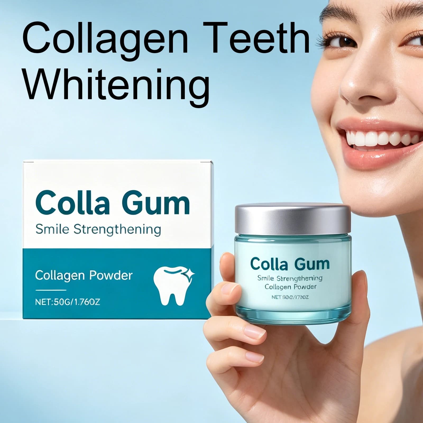 Polvere Dentifricia al Collagene 50g, Rimineralizzante, Delicata, Illuminante, Cura delle Gengive, Migliora le Macchie della Placca, Alito Fresco, Riparazione dello Smalto