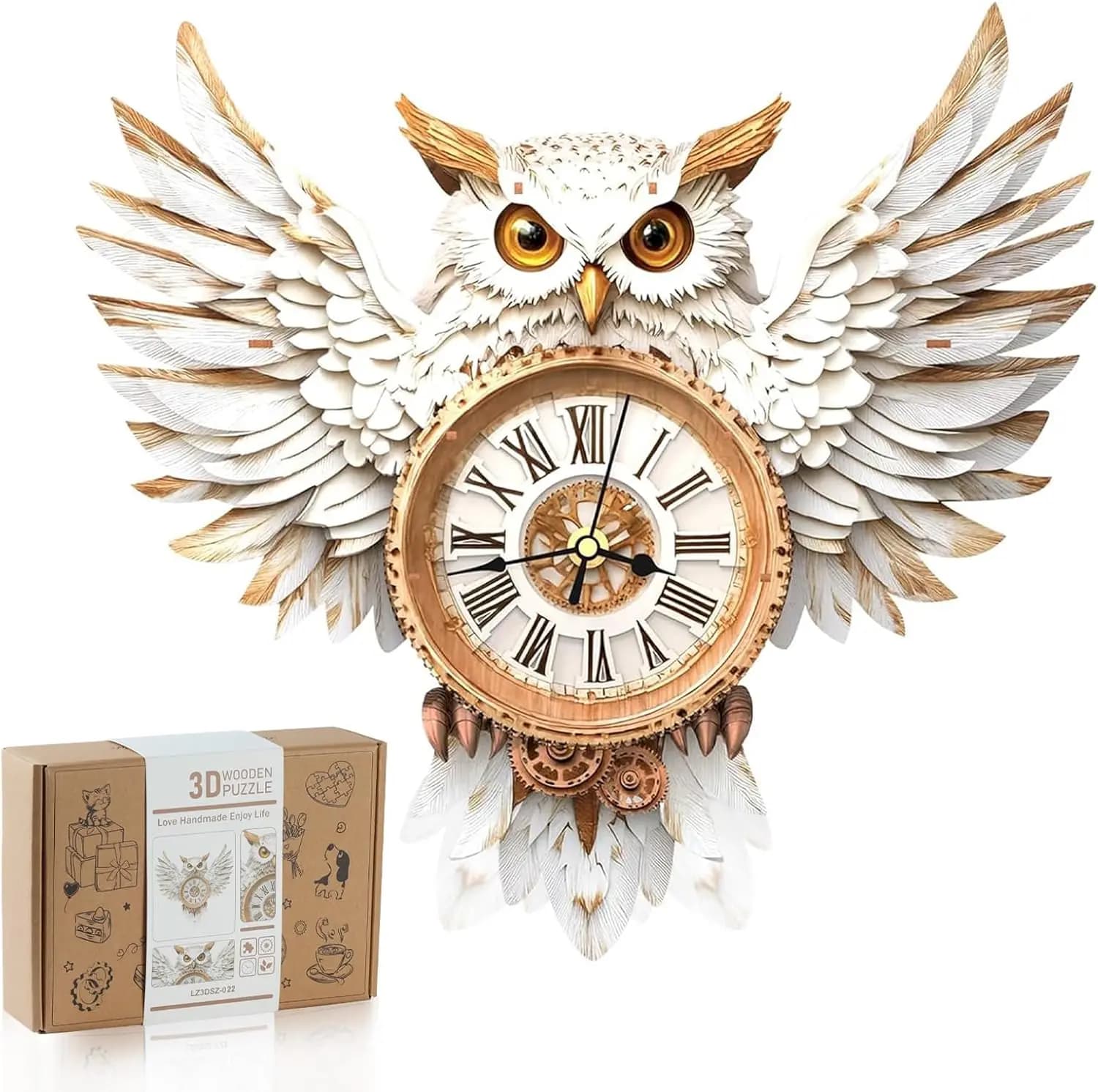 Puzzle 3D in Legno per Adulti: Kit Orologio Gufo delle Nevi con Pendolo, Artigianato Fai-da-Te per Decorazioni Domestiche, Regalo di Compleanno e Natale