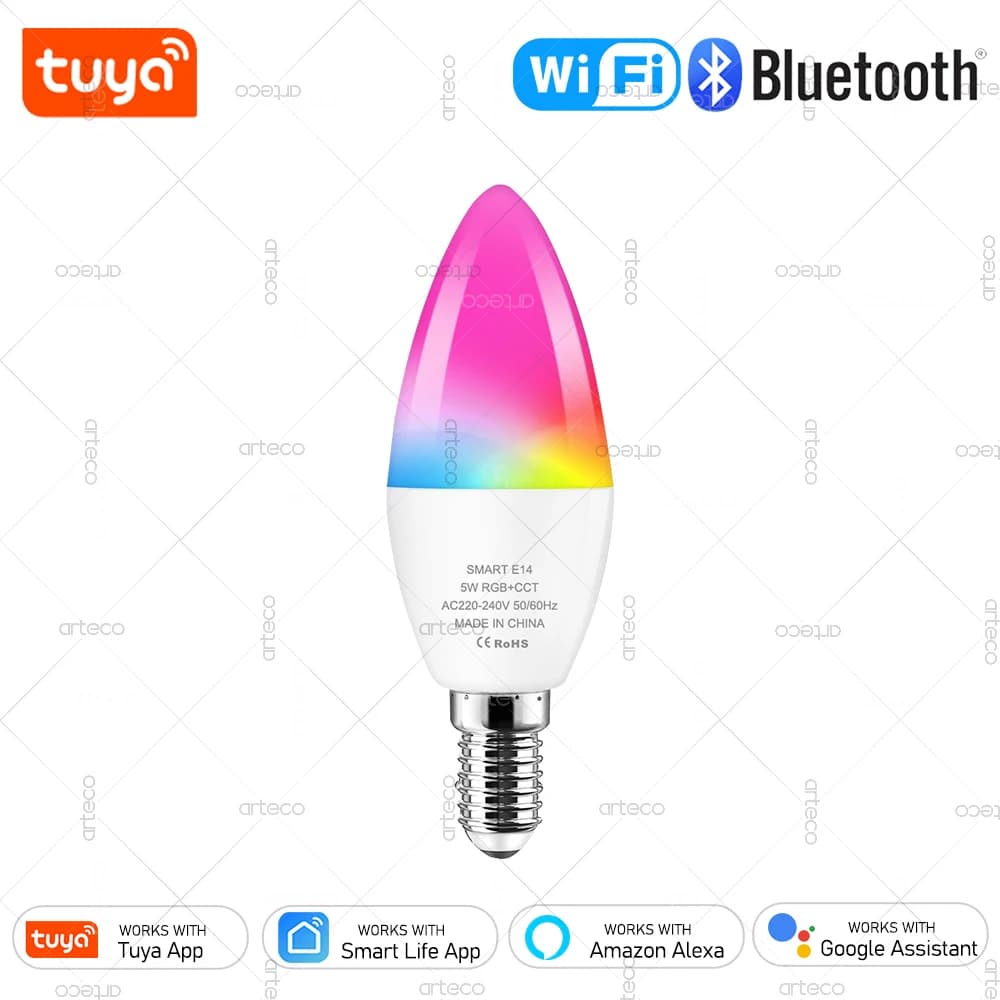 Tuya E14 Lampada a candela Smart Life App Controllo Lampadina intelligente WiFi o Bluetooth RGB + CW Luce LED 220V Lampade di cristallo dimmerabili Arredamento della stanza