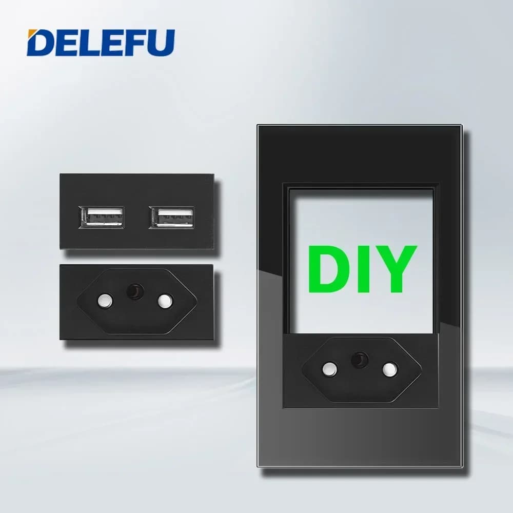 DELEFU Brasiliano Italiano US EU Standard Combinazione Gratuita Funzione USB Tipo C Chiave Interruttore FAI DA TE Presa 118mm * 72mm Nero