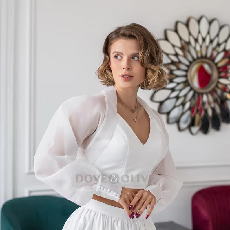 Long Sleeved Organza Bridal Bolt Bridal Covers With Buttons Bridal Mantle formal woman jacket for parties Made to measure