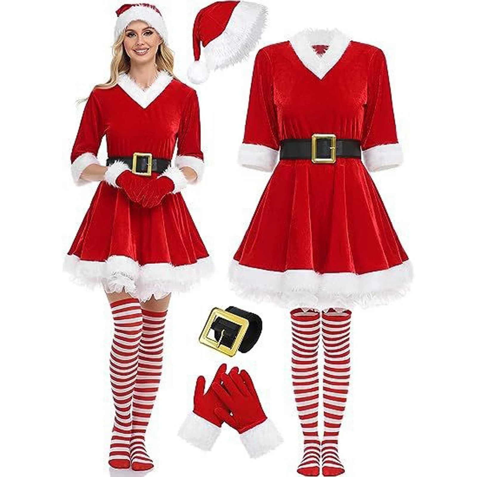 Christmas dress for adults Christmas dress in red velvet Holiday costume / party dress (woman dress + hat + gloves + socks + belt)