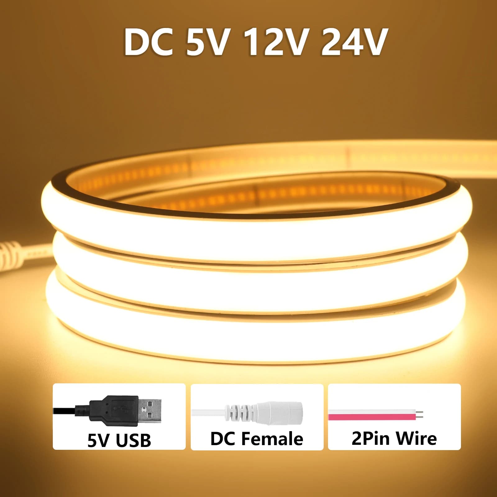 Striscia LED Neon COB 5V 12V 24V ad Alta Luminosità 320LED/m, Impermeabile, Luce a Corda LED Neon 3000K 4000K 6000K, Nastro Flessibile per Decorazioni