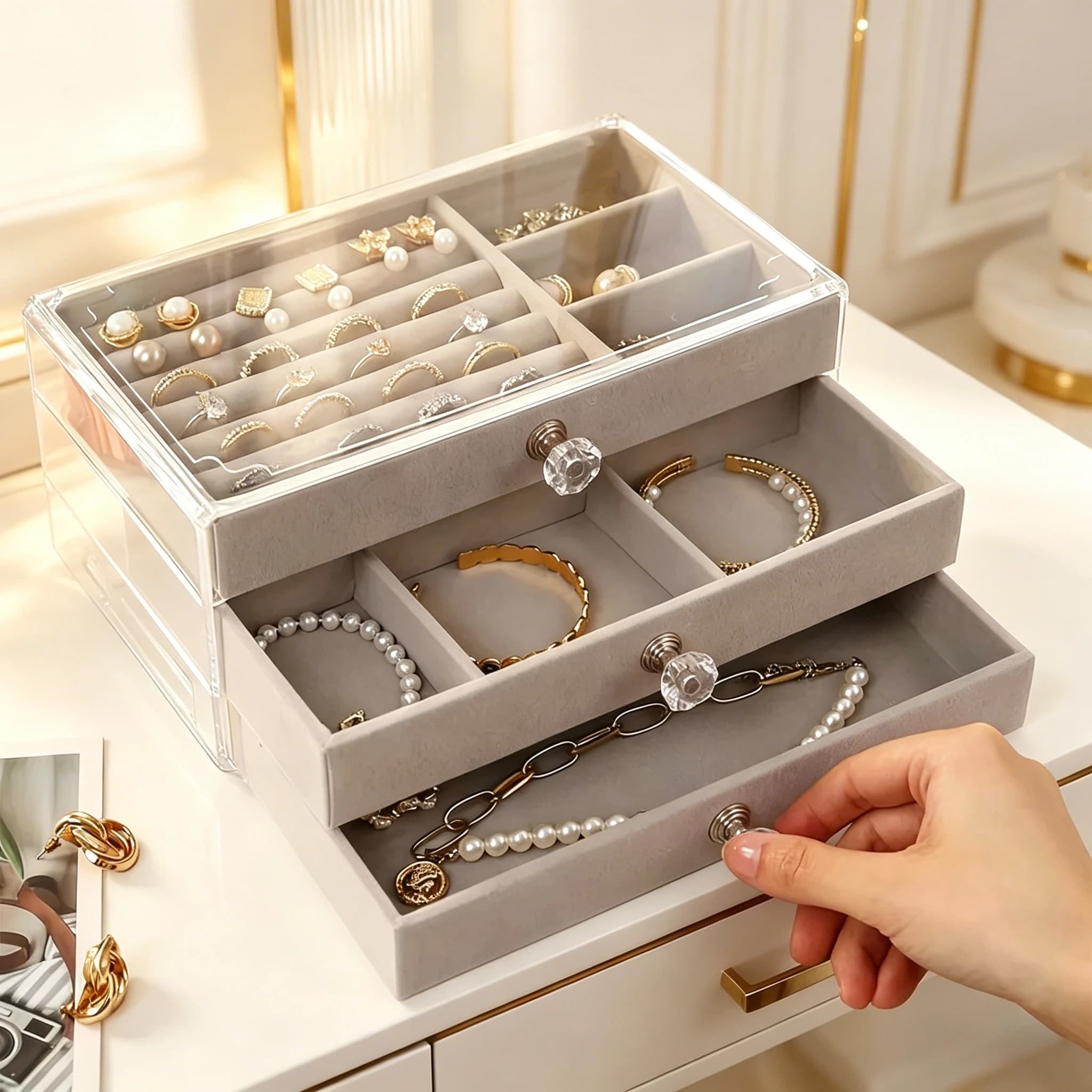 Scatola Portaoggetti Impilabile a 3 Livelli Stile Cassetto, Beige Grigio, Organizzatore da Scrivania per Orecchini, Anelli, Collane e Bracciali