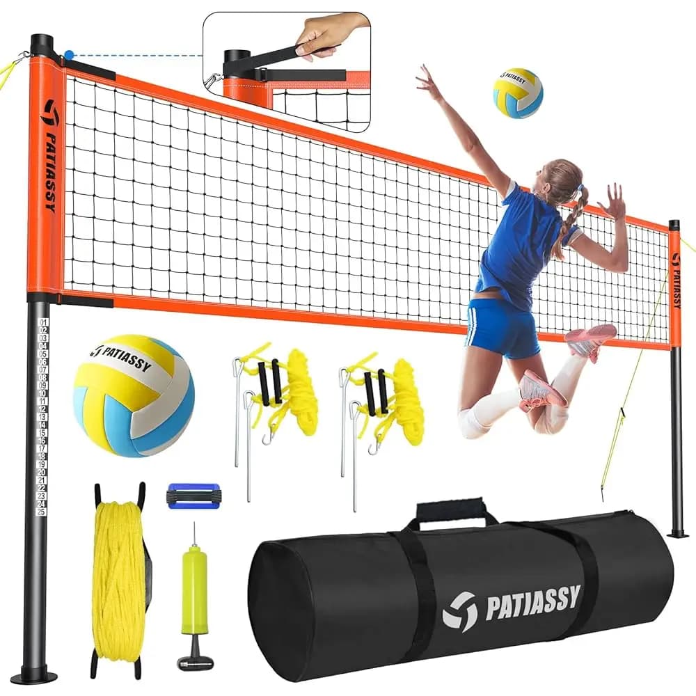 Set Rete da Pallavolo, Sistema Regolabile in Altezza per Esterni con Cinghia Anti-Cedimento, Facile da Montare, Pali in Acciaio e Linea di Delimitazione, Inclusi