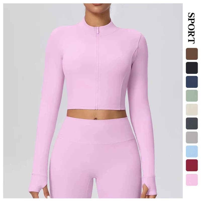 Giacca sportiva corta con cerniera da donna, estiva, per palestra, fitness, corsa, ciclismo, allenamento, design con foro per il pollice, top da yoga ad asciugatura rapida