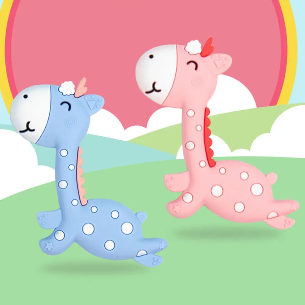 Massaggiagengive a forma di giraffa in silicone blu per neonati, anello da dentizione resistente al mastico per lo sviluppo sensoriale e l'igiene orale dei bambini
