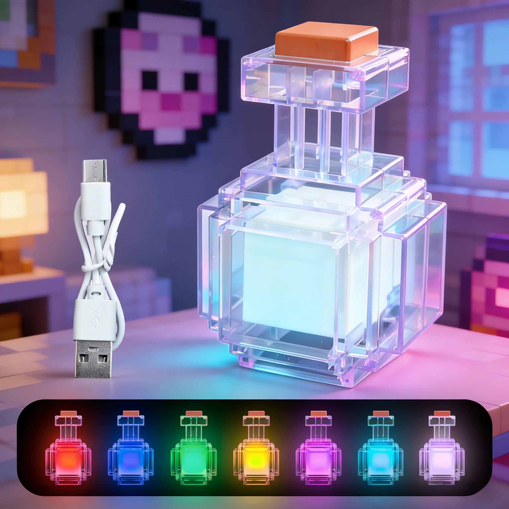 Rechargeable Potion Bottle Night Light LED Color Changing 7 Colors Pixel style Peripheral design Mood Light Home Decoration toy