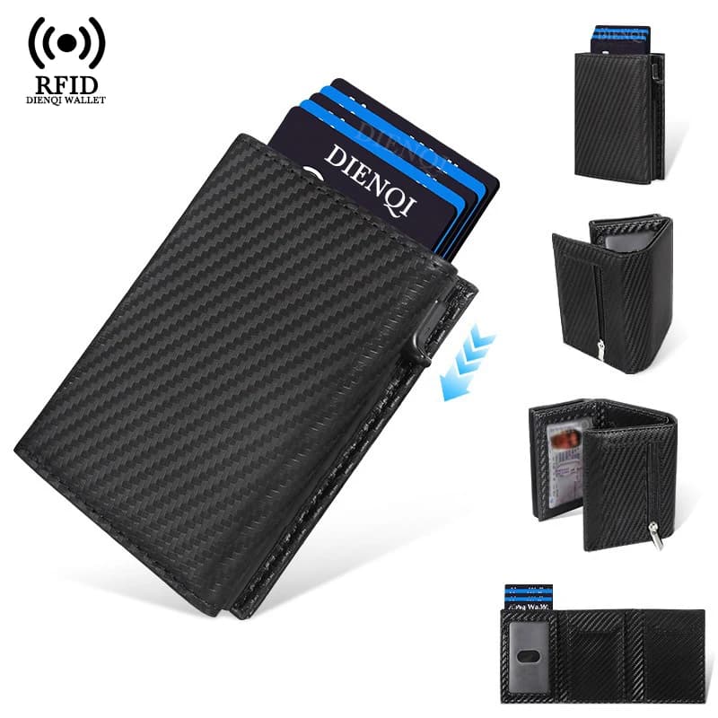 Porta carte da uomo in fibra di carbonio Rfid Portafoglio ID Borsa per carte di credito bancarie Portafogli magnetici con custodia in metallo pop-up in alluminio a tre ante