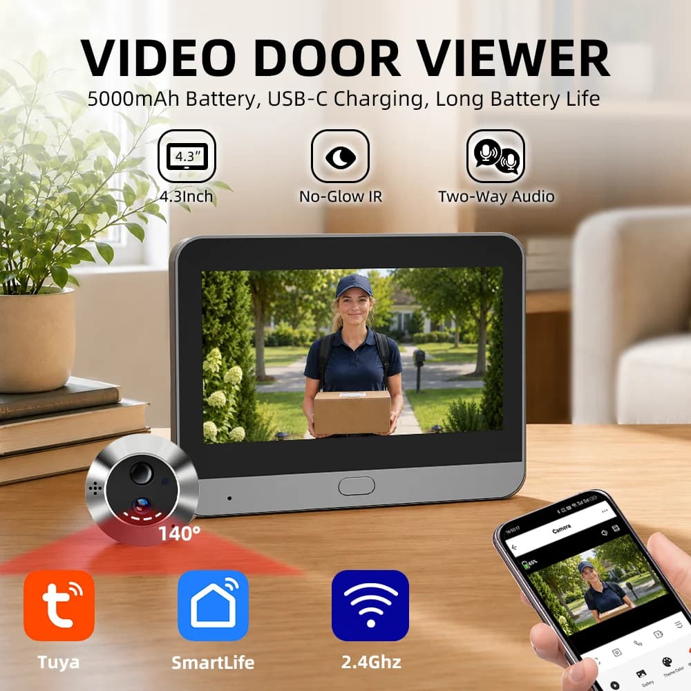 Battery Powered MINI Two Way Talk Tuya SmartLife APP 3MP Wide View 2.4G WiFi 940NM Infrared Digital Door Peephole Eye PIR Camera