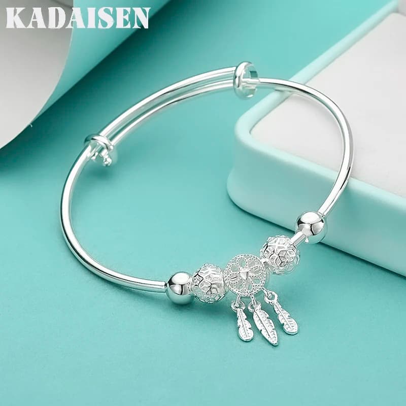 925 Sterling Silver Dreamcatcher Tassel Feather Lucky Bead Bracelet Bangle For Women Fashion Original Party Wedding Jewelry Gift