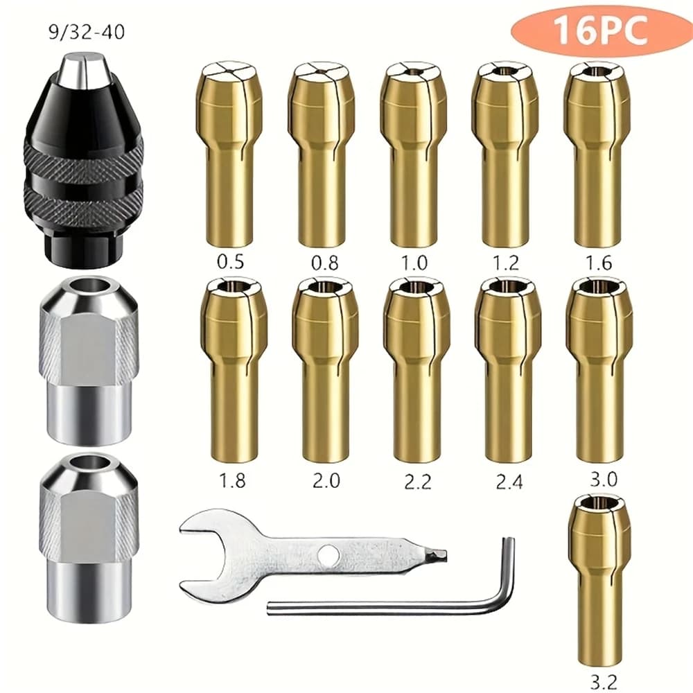 Set of 16-piece portable rotary tool spindles, set of drill bit adaptors, brass spindle and metal nuts, can improve efficiency and quality of work, suitable for home repairs and small DIY jobs.