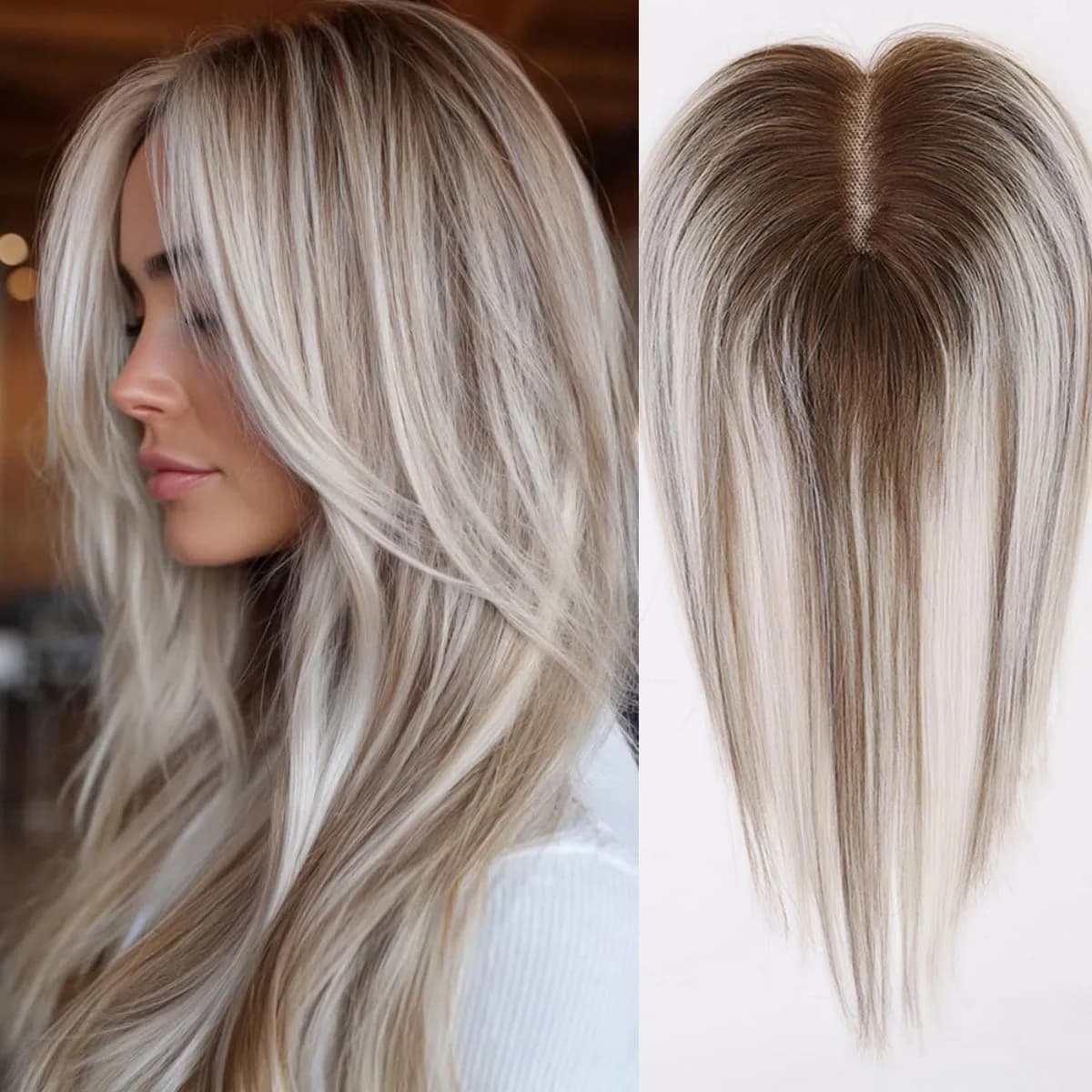 Topper for human hair with 12 inch silk base for woman, platinum blonde with brown roots, smooth Remy hair, with clip, breathable