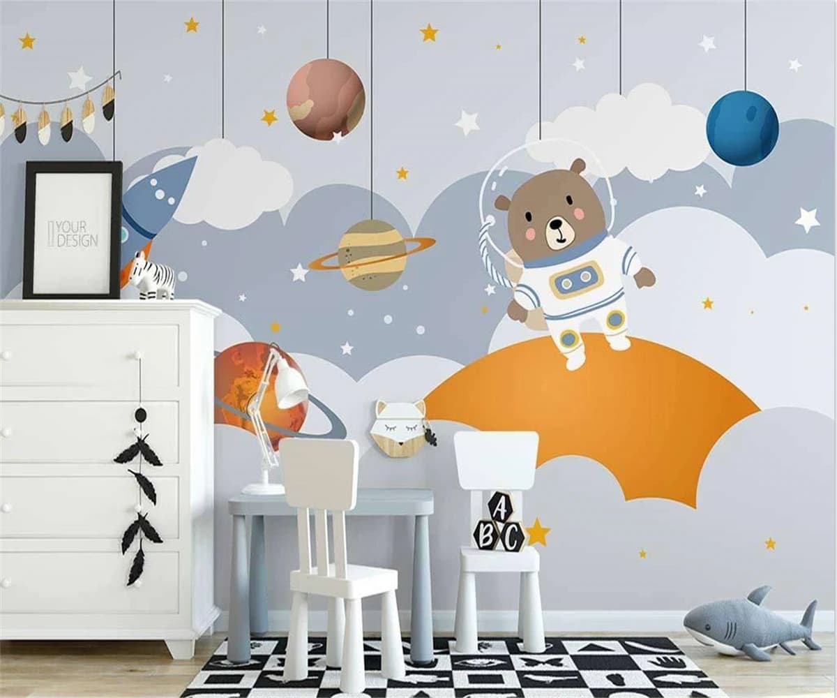Carta da parati personalizzata con razzo dei cartoni animati, stile nordico, dipinta a mano, con animali carini, pianeti spaziali, per la cameretta dei bambini.