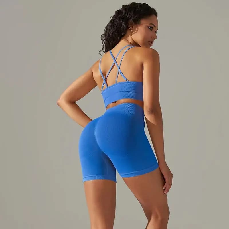 Seamless Yoga Set Sports Set for Fitness Shorts Set With Cross Straps Set Sexy Sports Clothing Ankle Running Dress for Women's Gym