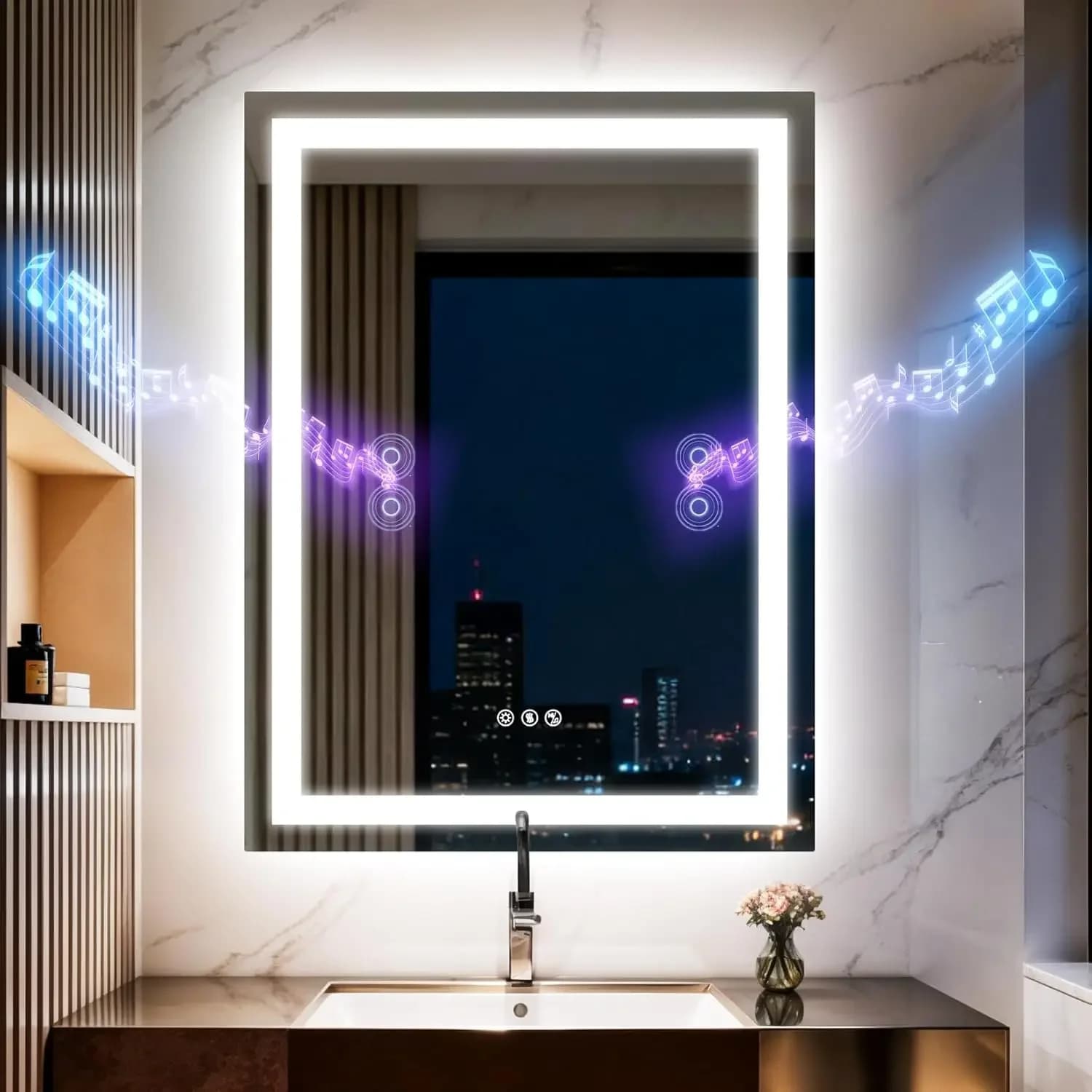 Specchio LED da Bagno 24x32 con Altoparlanti Bluetooth, Antiappannamento, 3 Temperature di Colore, Dimmerabile, Funzione Memoria, Montaggio a Parete