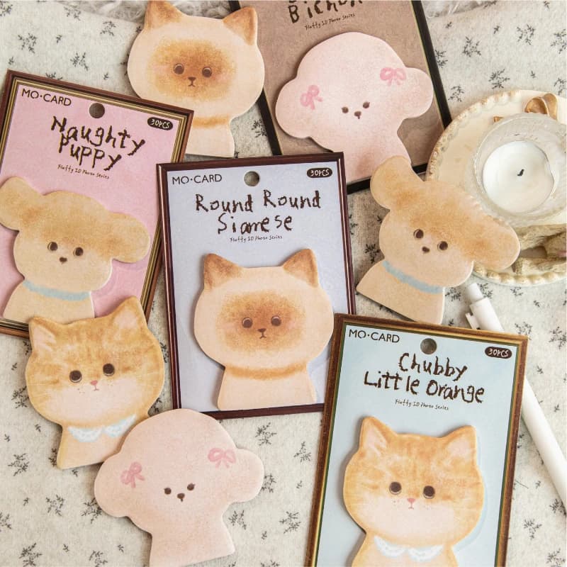 Adesivi a forma di gatti e cani Kawaii, morbidi e simpatici, per foto d'identità, appunti e messaggi, ideali per studenti.