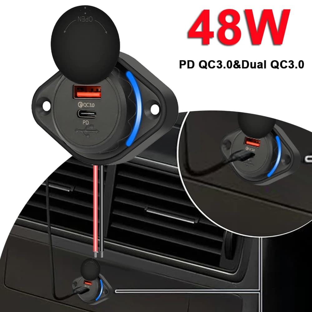 Presa per caricabatterie rapido per auto PD QC 3.0 12V/24V impermeabile con USB tipo C scorrevole 48W Adattatore di ricarica rapida Presa di corrente per autobus Barca