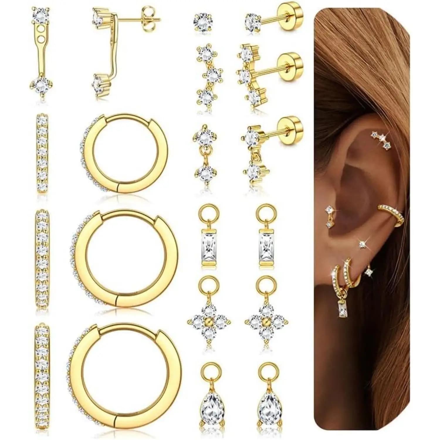 10 pairs of gold plated flat back earrings for women- CZ Earrings circle cartilage set helical shell piercing jewelry